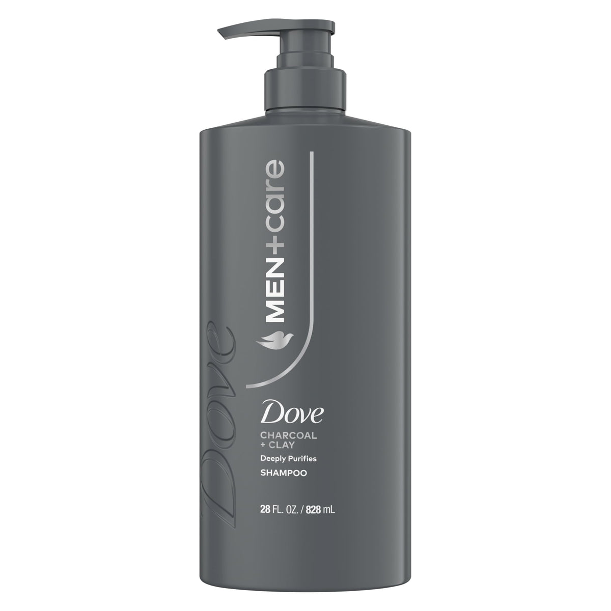 Dove Men+Care Charcoal + Clay 2in1 bottle shows deep cleansing for active men.