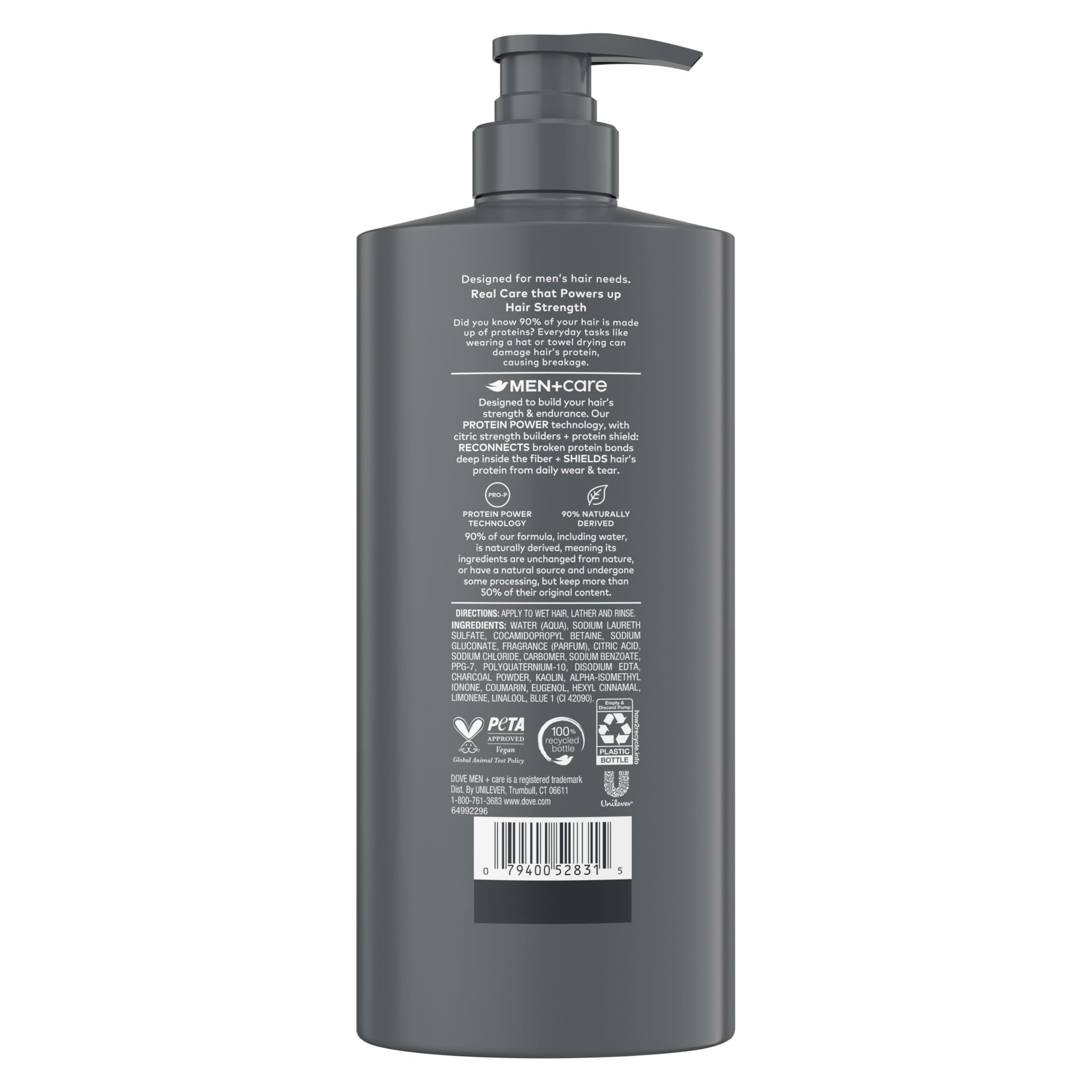 Dove Men+Care Charcoal + Clay bottle pour demonstrates easy, mess-free dispensing.