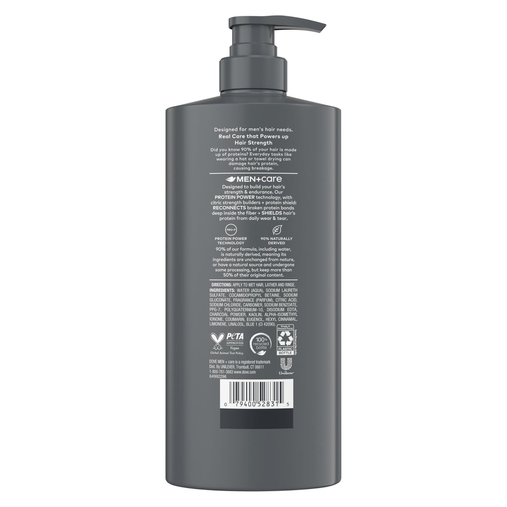 Dove Men+Care Charcoal + Clay bottle pour demonstrates easy, mess-free dispensing.
