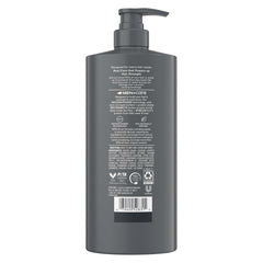 Dove Men+Care Charcoal + Clay bottle pour demonstrates easy, mess-free dispensing.