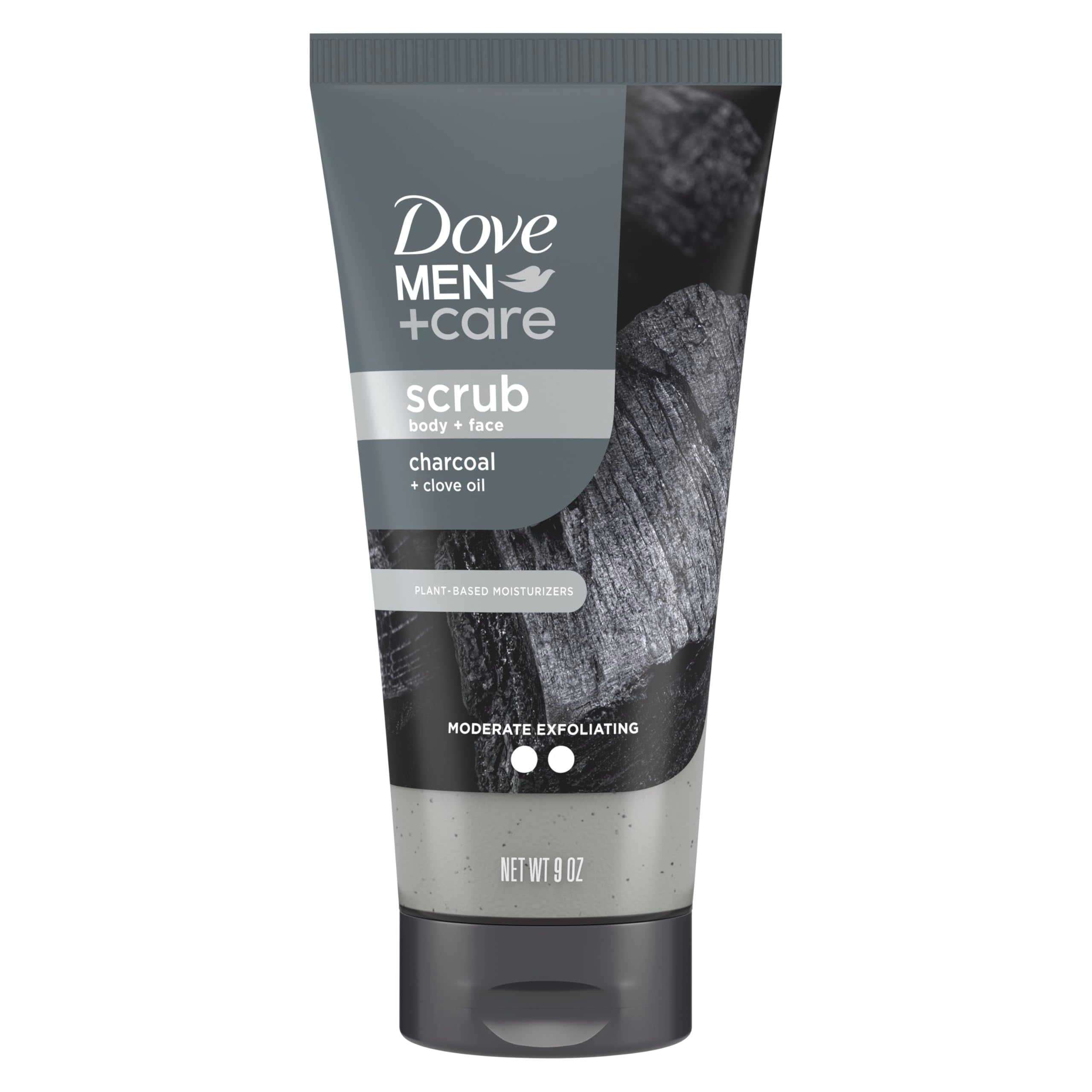 Dove Men+Care charcoal clove scrub bottle front indicating exfoliation purpose.
