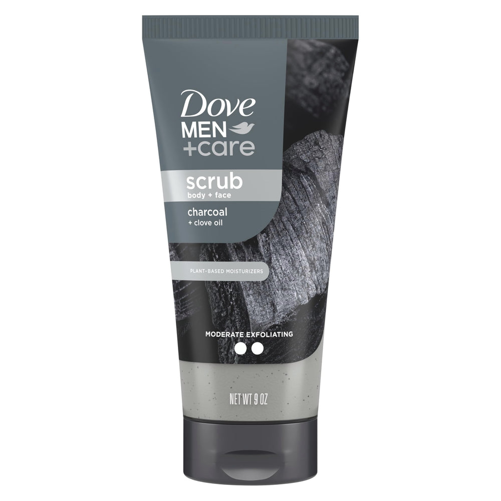 Dove Men+Care charcoal clove scrub bottle front indicating exfoliation purpose.