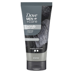 Dove Men+Care charcoal clove scrub bottle front indicating exfoliation purpose.