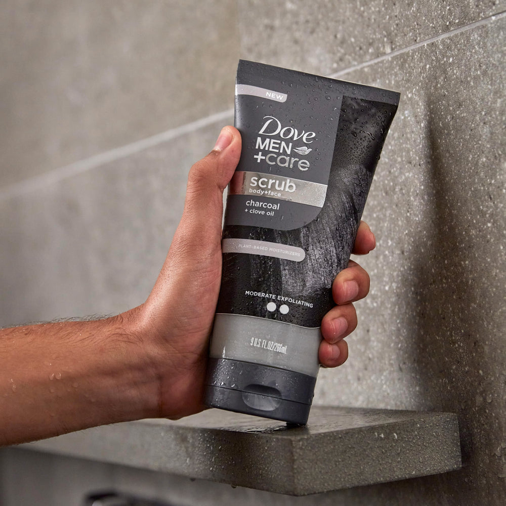 Dove Men+Care charcoal clove scrub for face and body use.