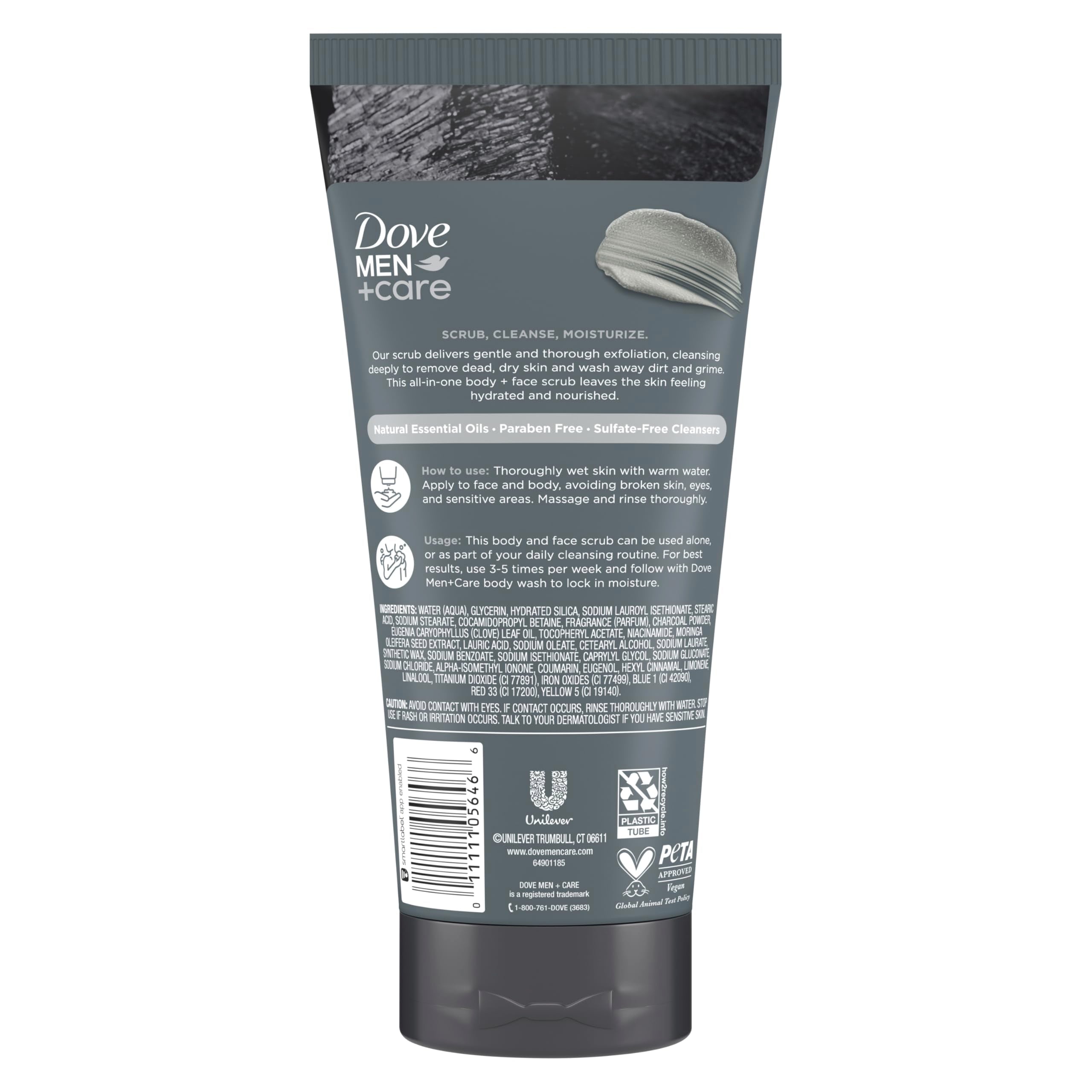 Dove Men+Care charcoal clove scrub label detail noting vegan and free from parabens.