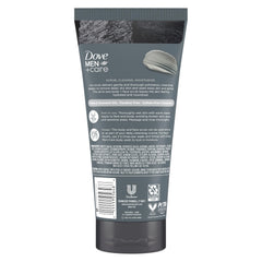 Dove Men+Care charcoal clove scrub label detail noting vegan and free from parabens.