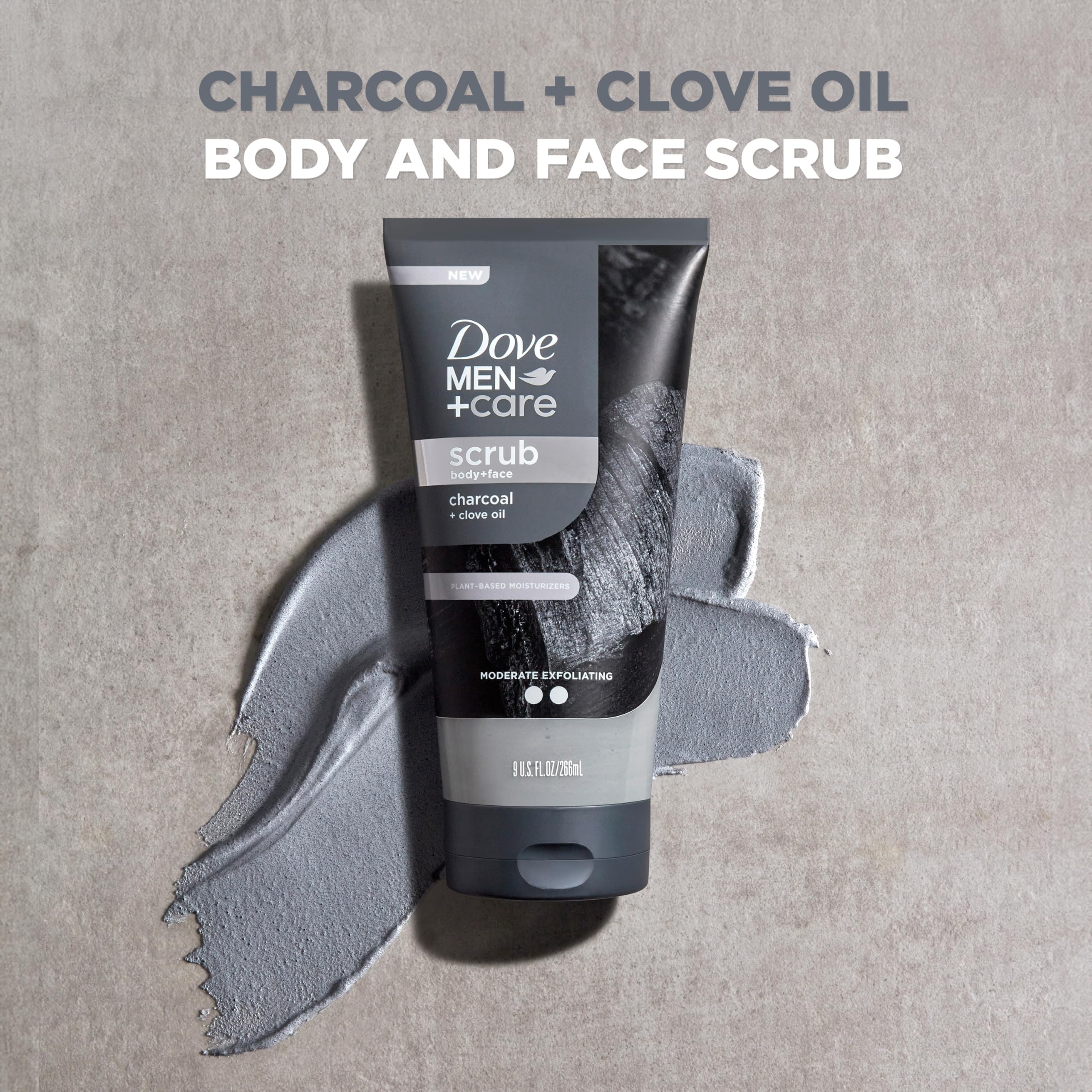 Dove Men+Care charcoal clove scrub texture close-up with exfoliating beads.