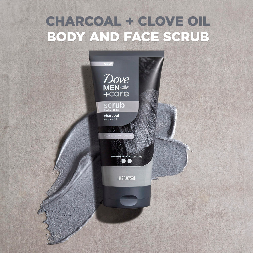 Dove Men+Care charcoal clove scrub texture close-up with exfoliating beads.