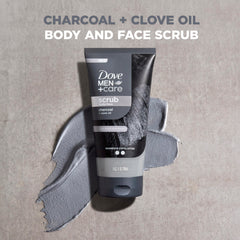 Dove Men+Care charcoal clove scrub texture close-up with exfoliating beads.