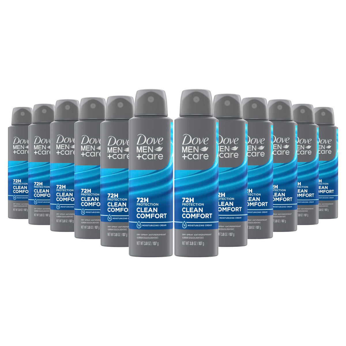 Dove Men+Care Clean Comfort dry spray, 12-pack, for all-day freshness.