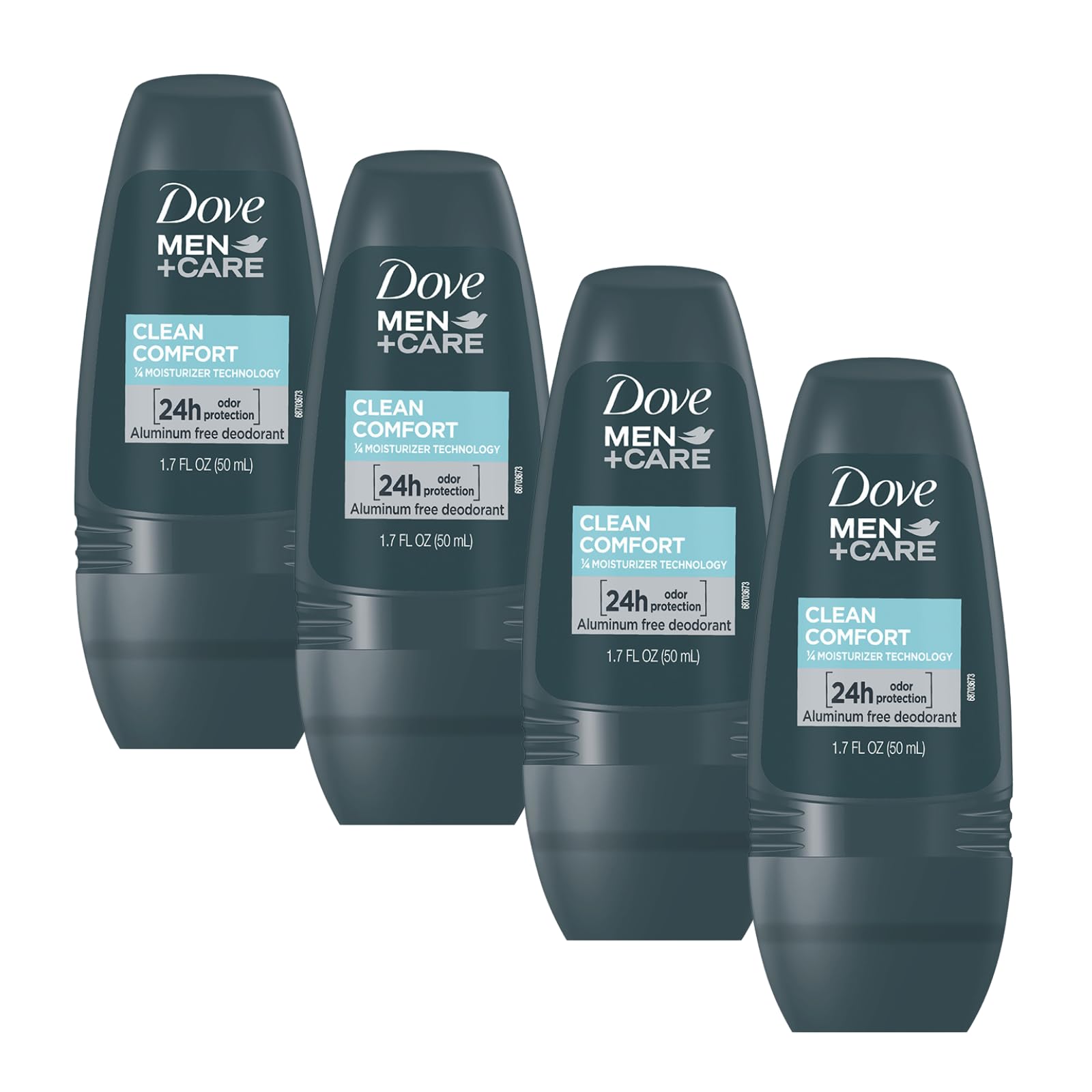 Dove Men+Care Clean Comfort roll-on four-pack close-up, showcasing value-packed daily protection