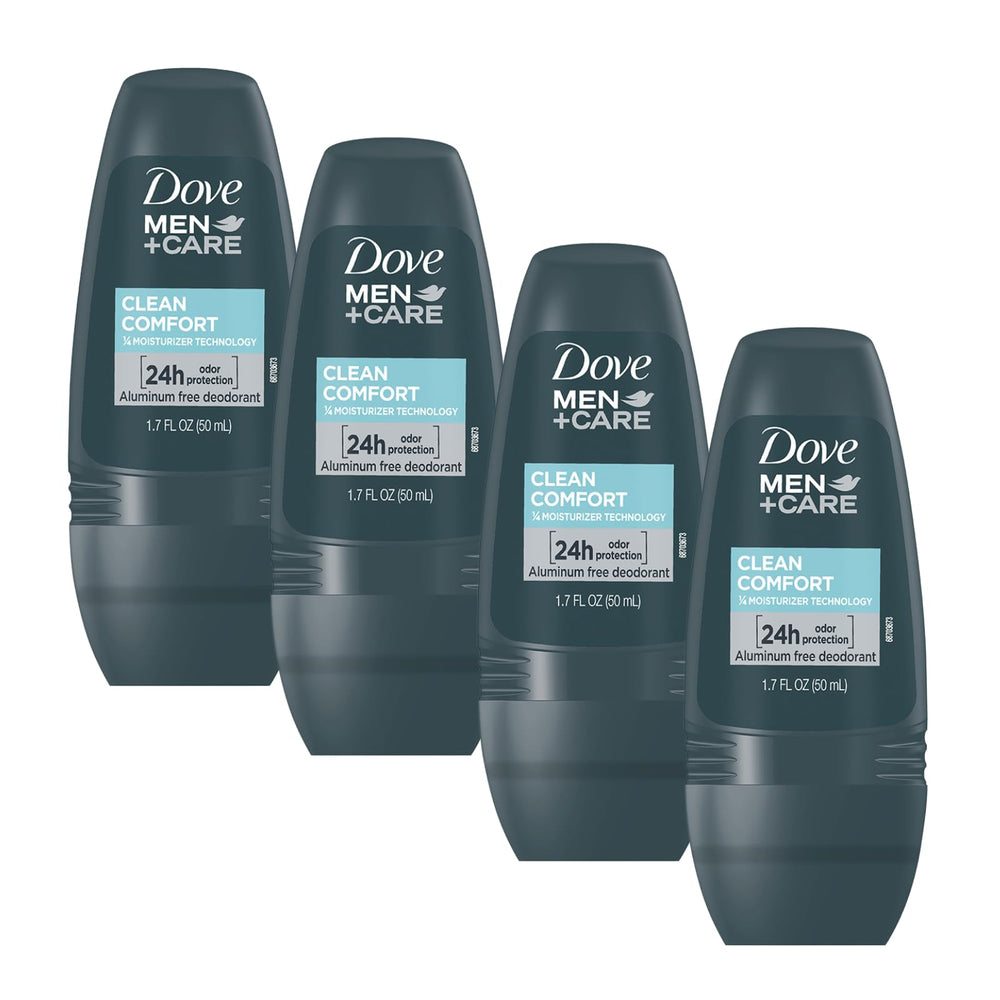 Dove Men+Care Clean Comfort roll-on four-pack close-up, showcasing value-packed daily protection