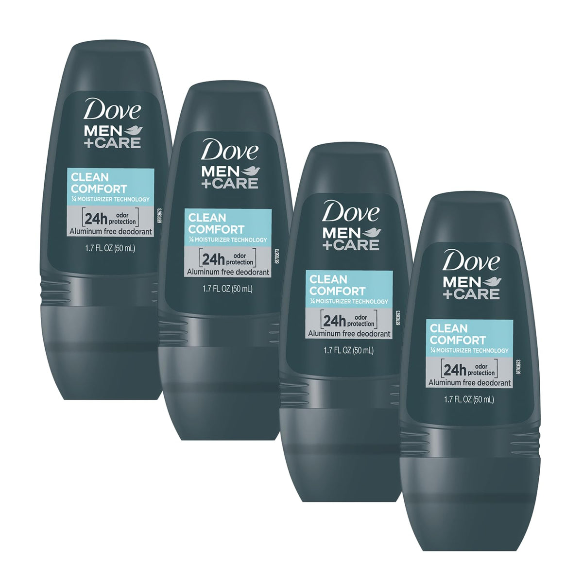 Dove Men+Care Clean Comfort roll-on four-pack close-up, showcasing value-packed daily protection