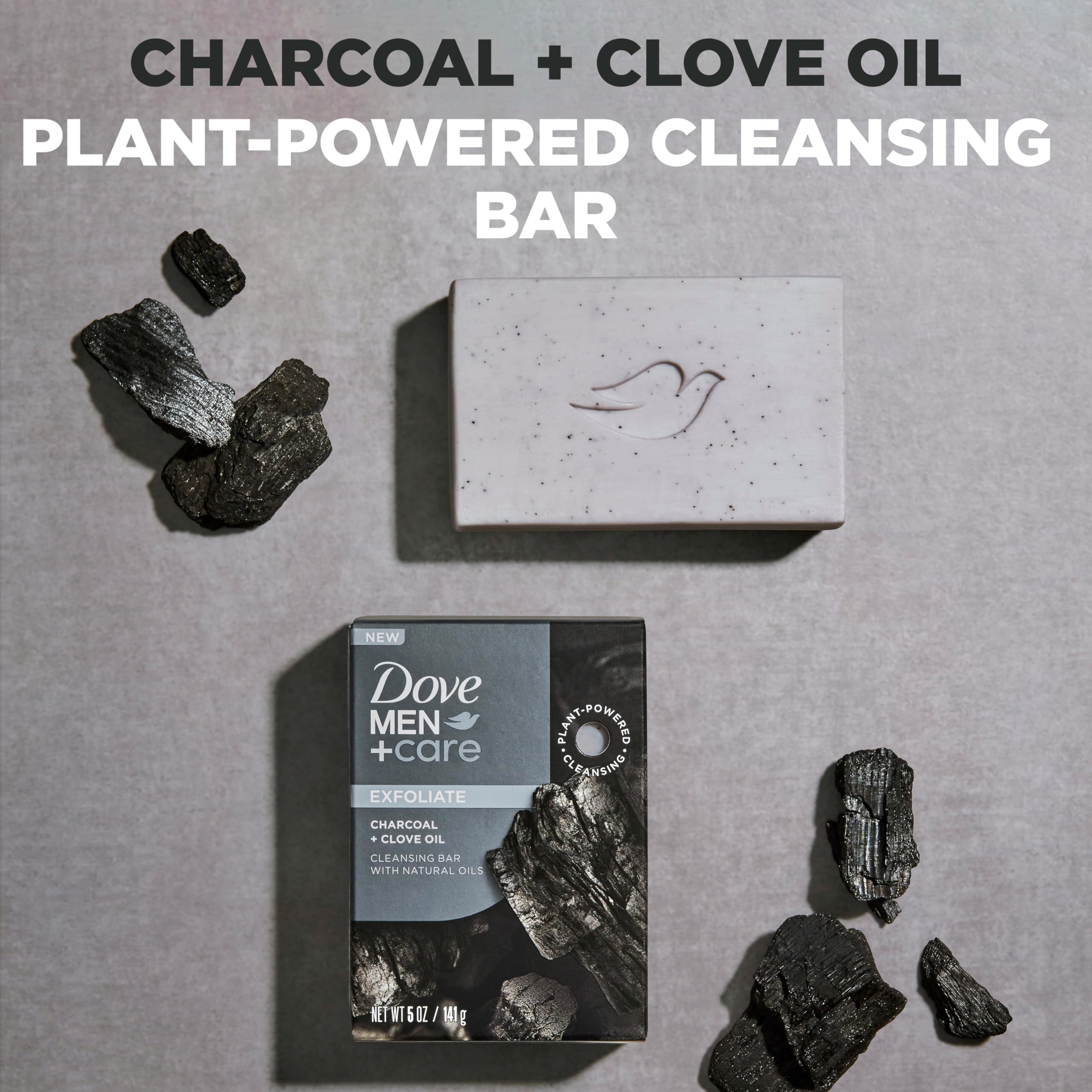 Dove Men+Care cleansing bar used on face, hair, body for versatile grooming.