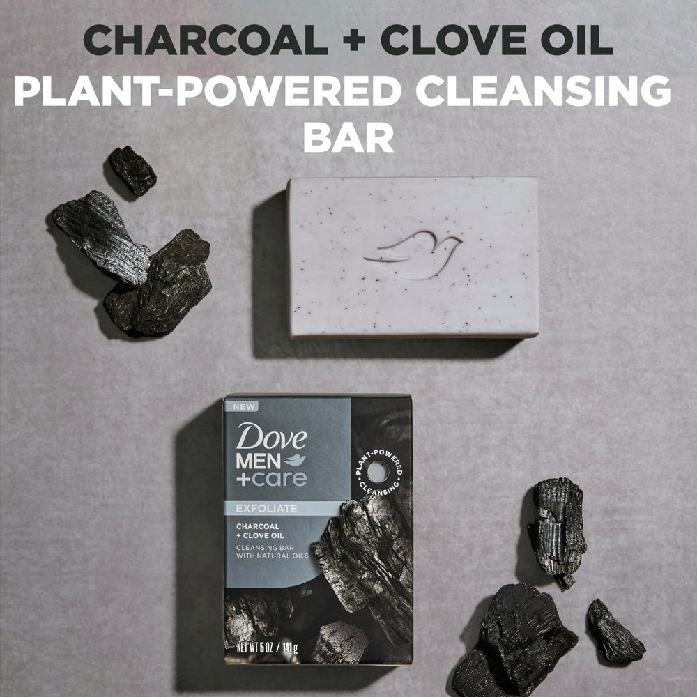 Dove Men+Care cleansing bar used on face, hair, body for versatile grooming.