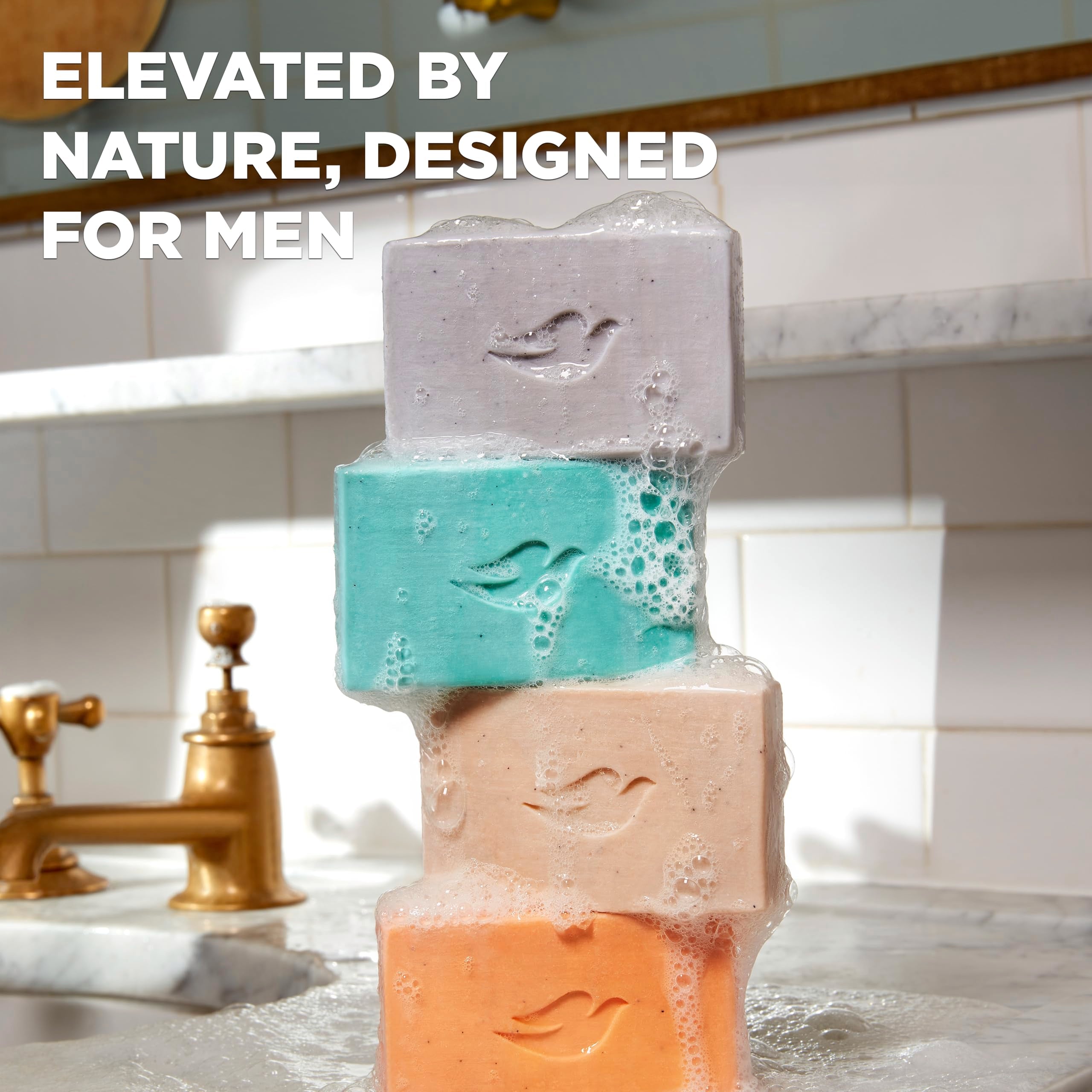 Dove Men+Care cleansing bar natural essential oils close-up highlighting fragrance.