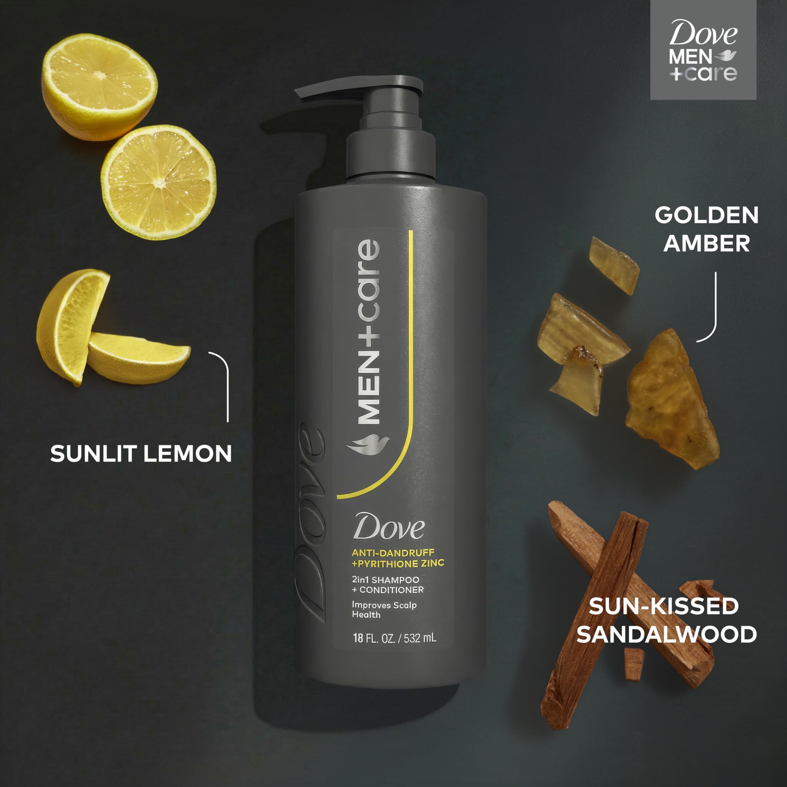 DOVE MEN+CARE conditioning-shampoo bottle close-up highlighting combined care.