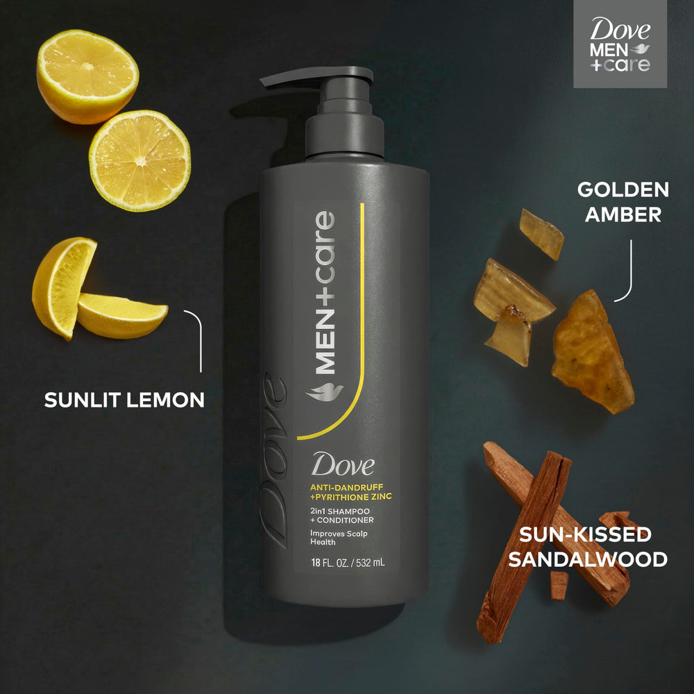 DOVE MEN+CARE conditioning-shampoo bottle close-up highlighting combined care.