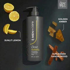 DOVE MEN+CARE conditioning-shampoo bottle close-up highlighting combined care.