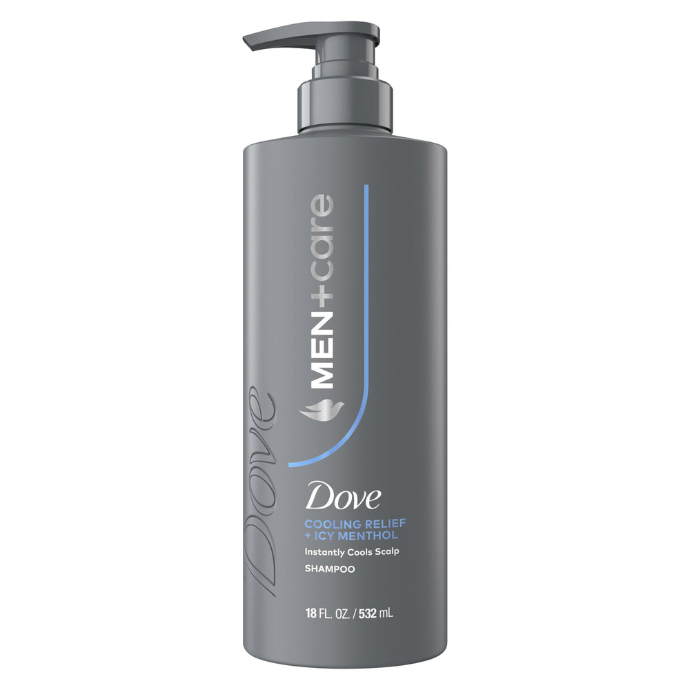 Dove Men+Care Cooling Relief shampoo bottle with icy menthol for instant scalp refresh.