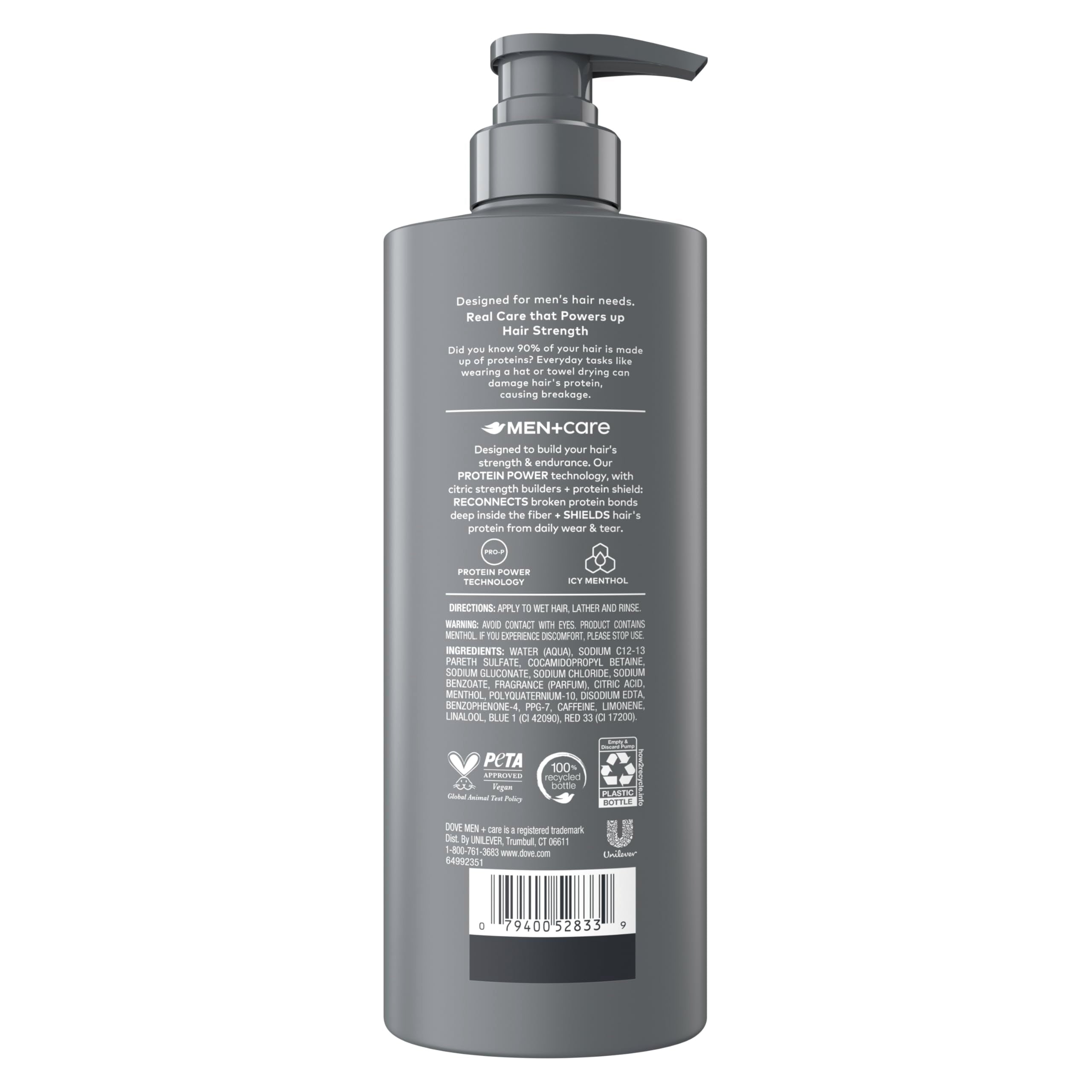 Dove Men+Care Cooling Relief shampoo lather cleanses dirt and oil for a fresh start.