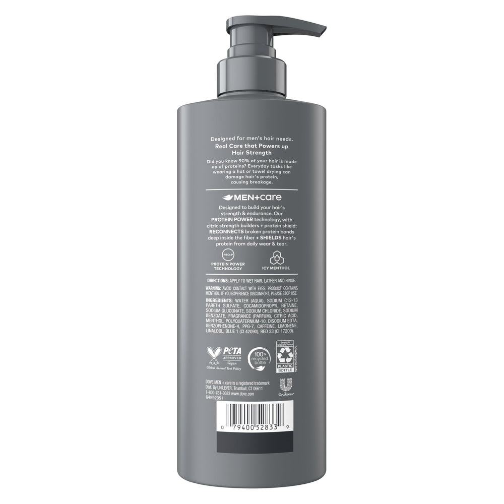 Dove Men+Care Cooling Relief shampoo lather cleanses dirt and oil for a fresh start.