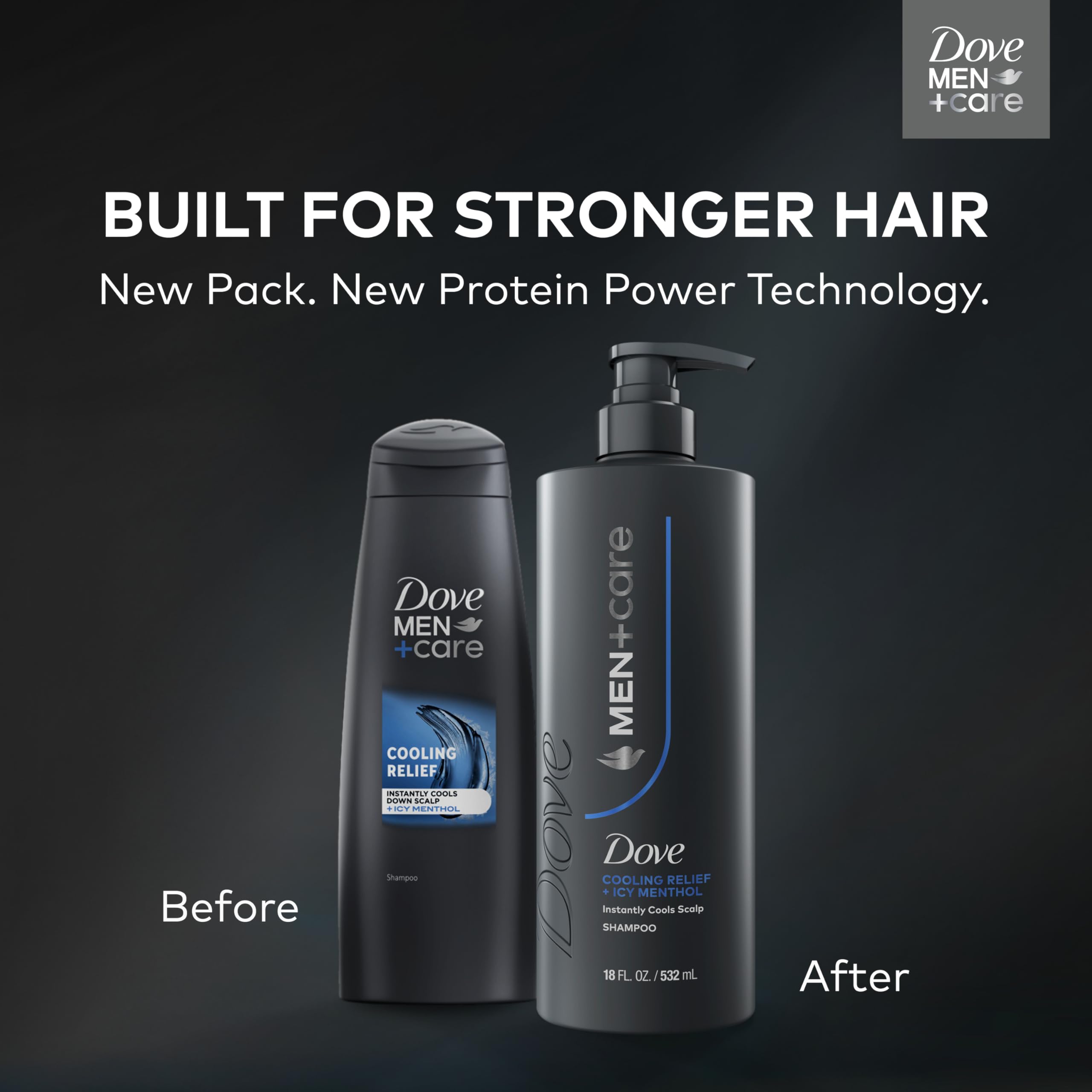 Dove Men+Care Cooling Relief shows minty chill to wake the scalp.