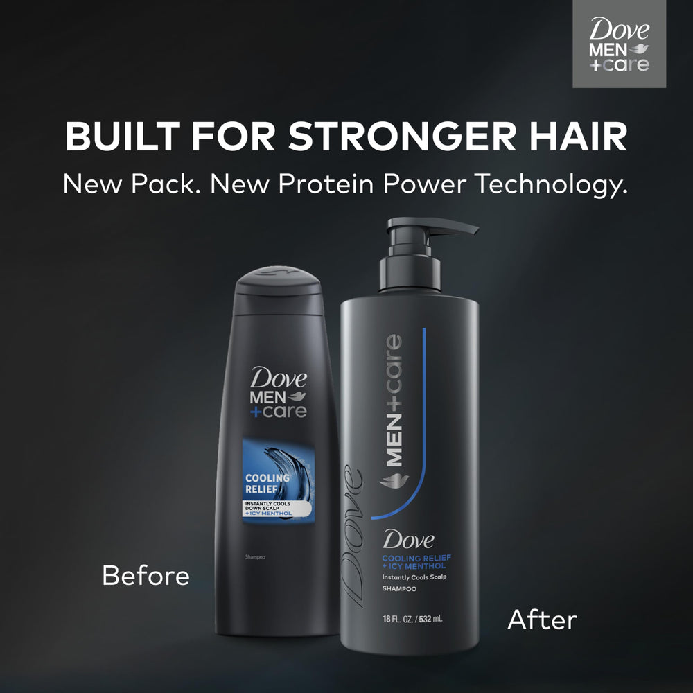 Dove Men+Care Cooling Relief shows minty chill to wake the scalp.