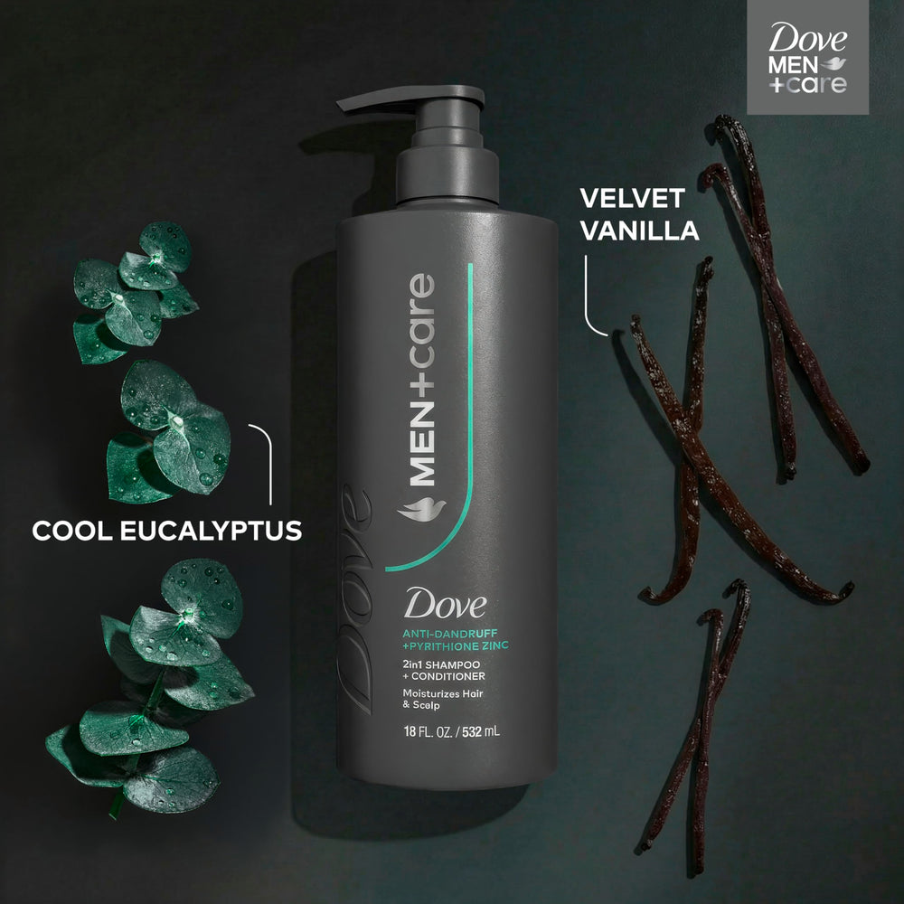 Dove Men+Care close-up shows flakes imagery with reduced visibility implication.