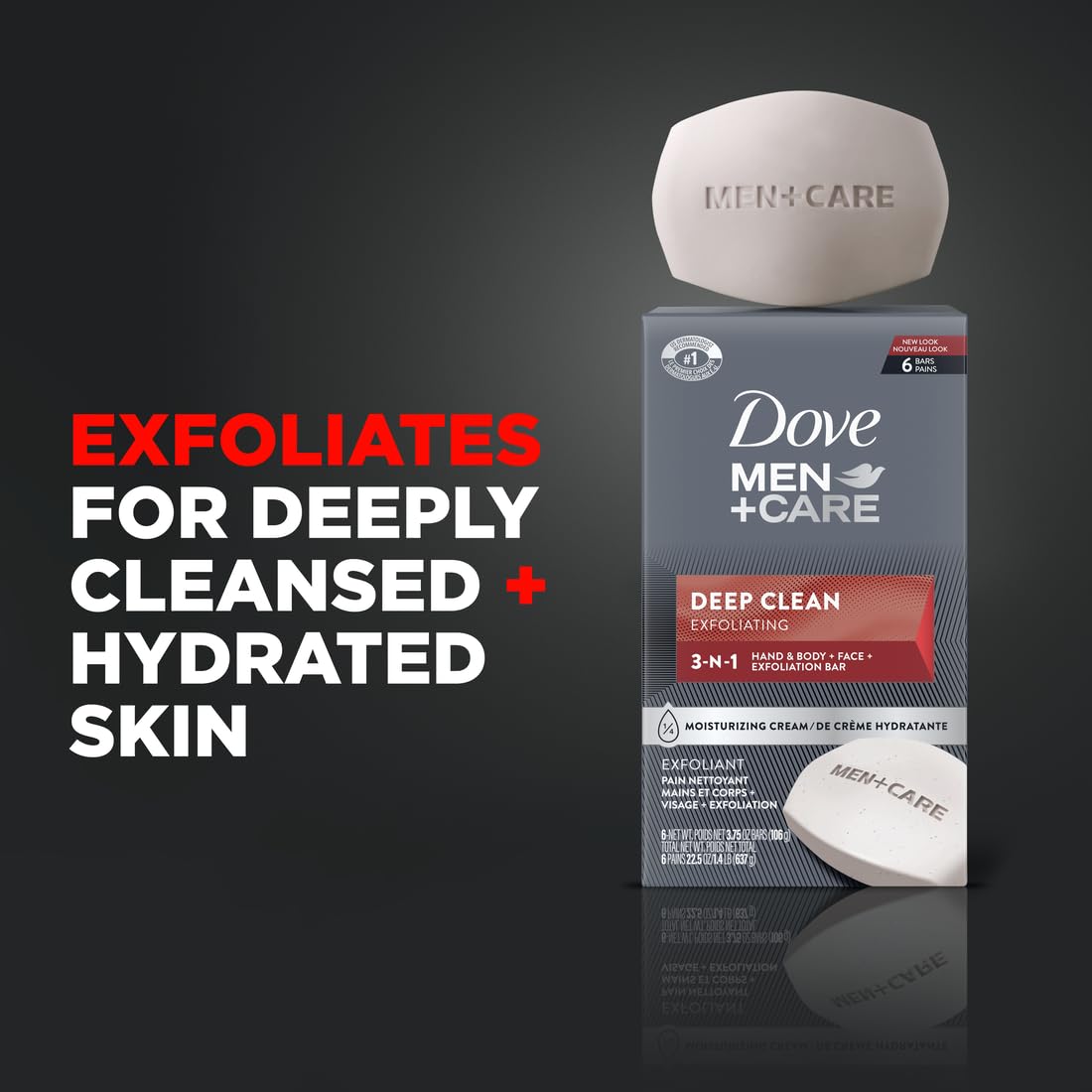 Dove Men+Care Deep Clean bar for face and body, gentle and effective.