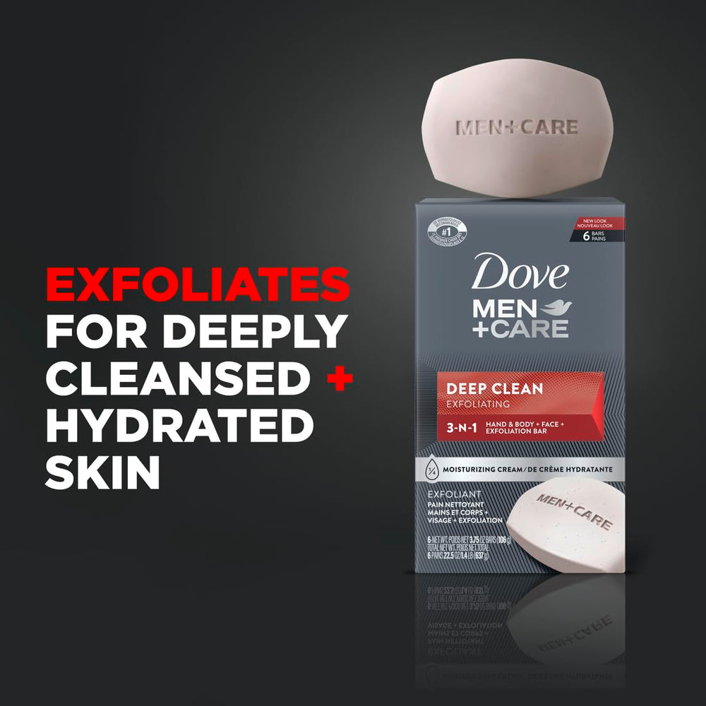 Dove Men+Care Deep Clean bar for face and body, gentle and effective.