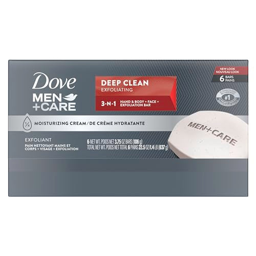 Dove Men+Care bar shows moisturizing cream for hydrated, comfortable skin after washing.