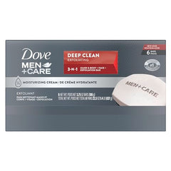 Dove Men+Care bar shows moisturizing cream for hydrated, comfortable skin after washing.