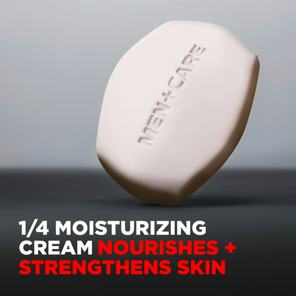Dove Men+Care bar with purifying grains exfoliating touch during washing.