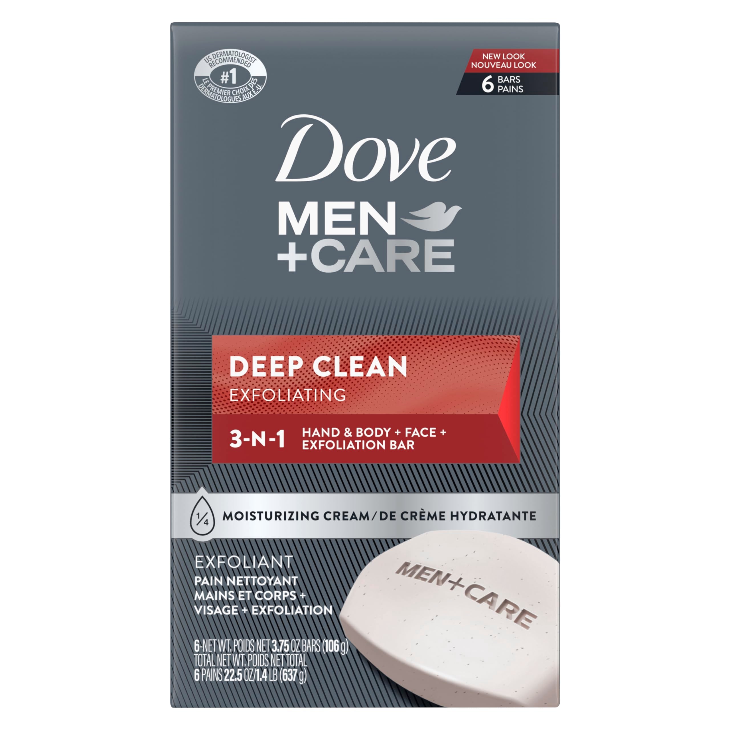 Dove Men+Care Deep Clean bar with purifying grains for a refreshed cleanse.