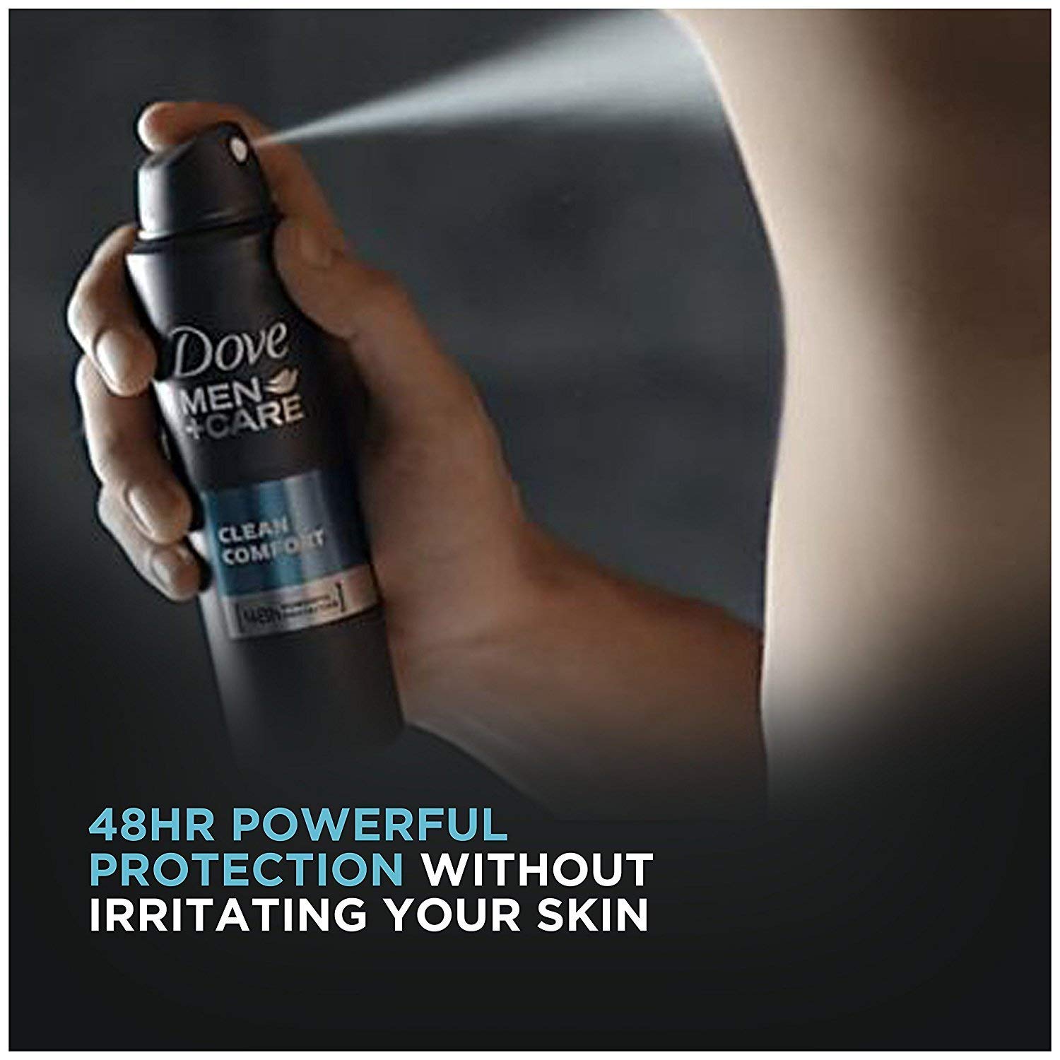 Dove Men+Care Dry Spray nozzle dispensing a light mist.