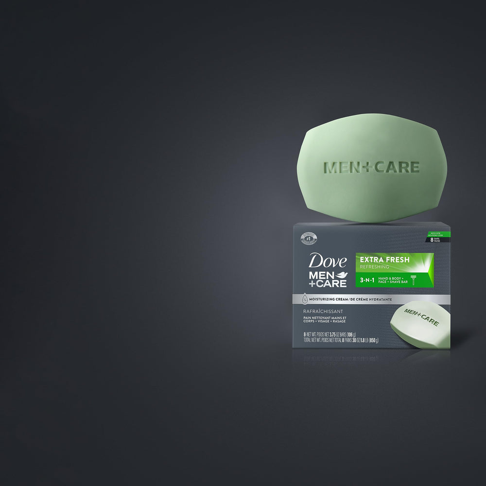 Dove Men+Care Extra Fresh Bar used on the face for a gentle clean
