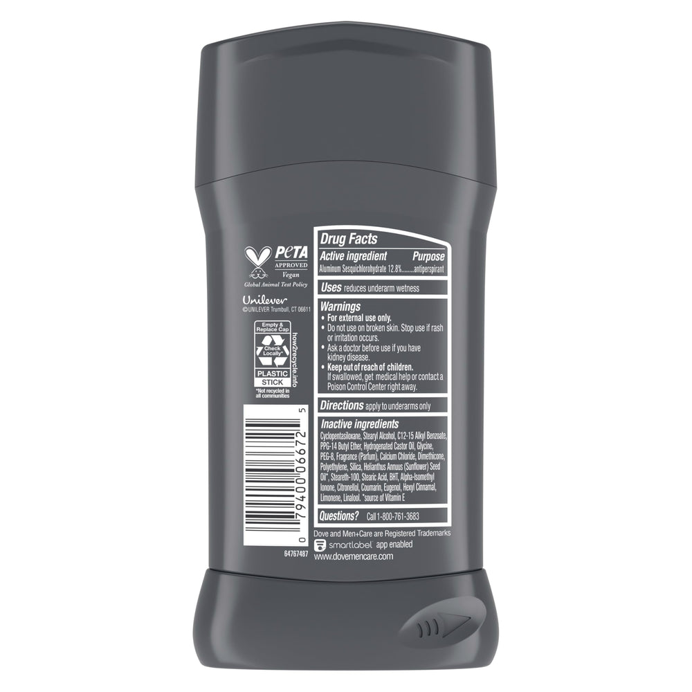 Dove Men+Care Extra Fresh stick with 1/4 moisturizing cream for hydrated underarms.