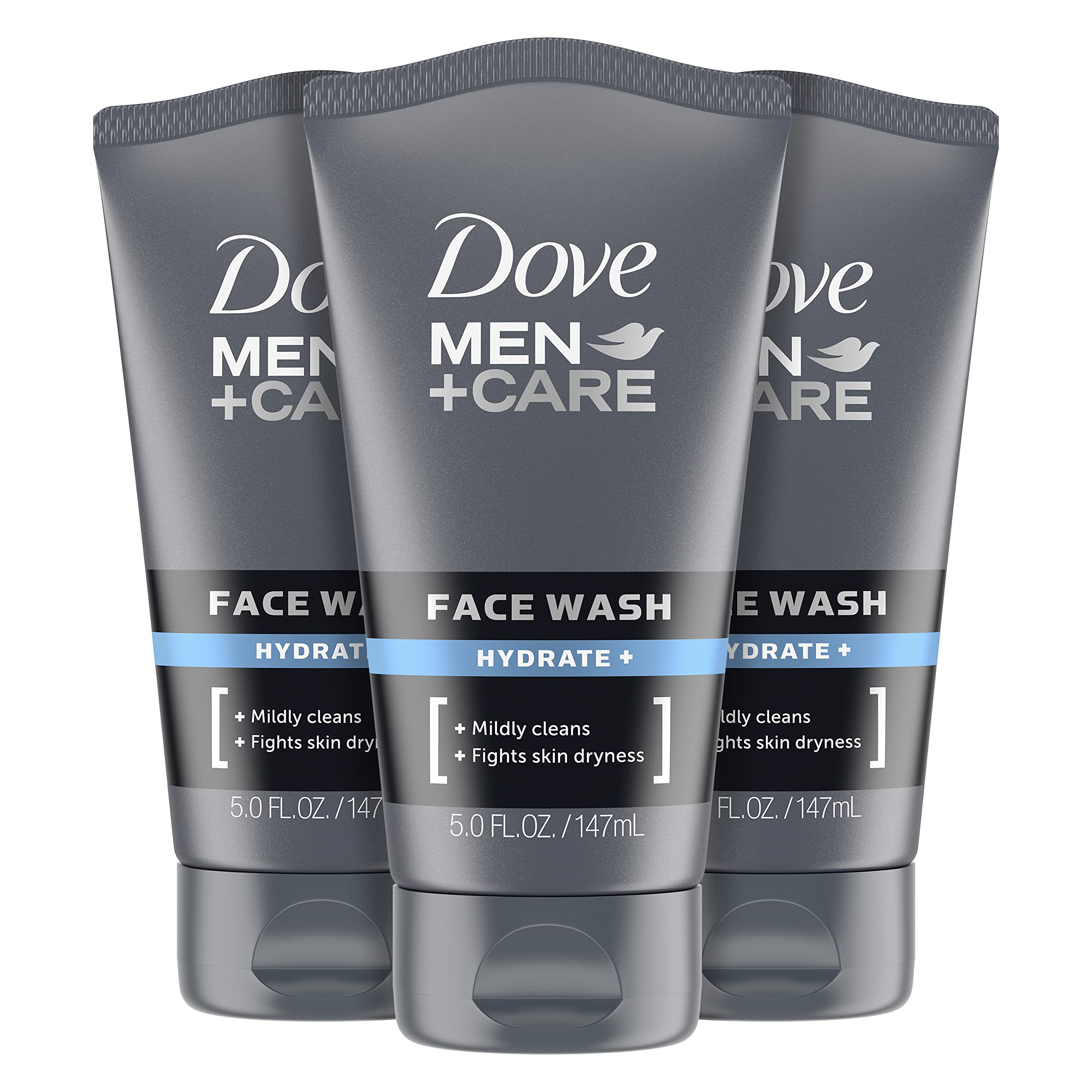 Dove Men+Care Hydrate Face Wash bottle front view cleanses gently while supporting daily moisture.