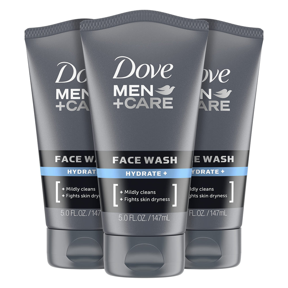 Dove Men+Care Hydrate Face Wash bottle front view cleanses gently while supporting daily moisture.