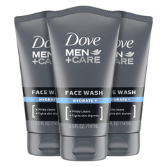Dove Men+Care Hydrate Face Wash bottle front view cleanses gently while supporting daily moisture.