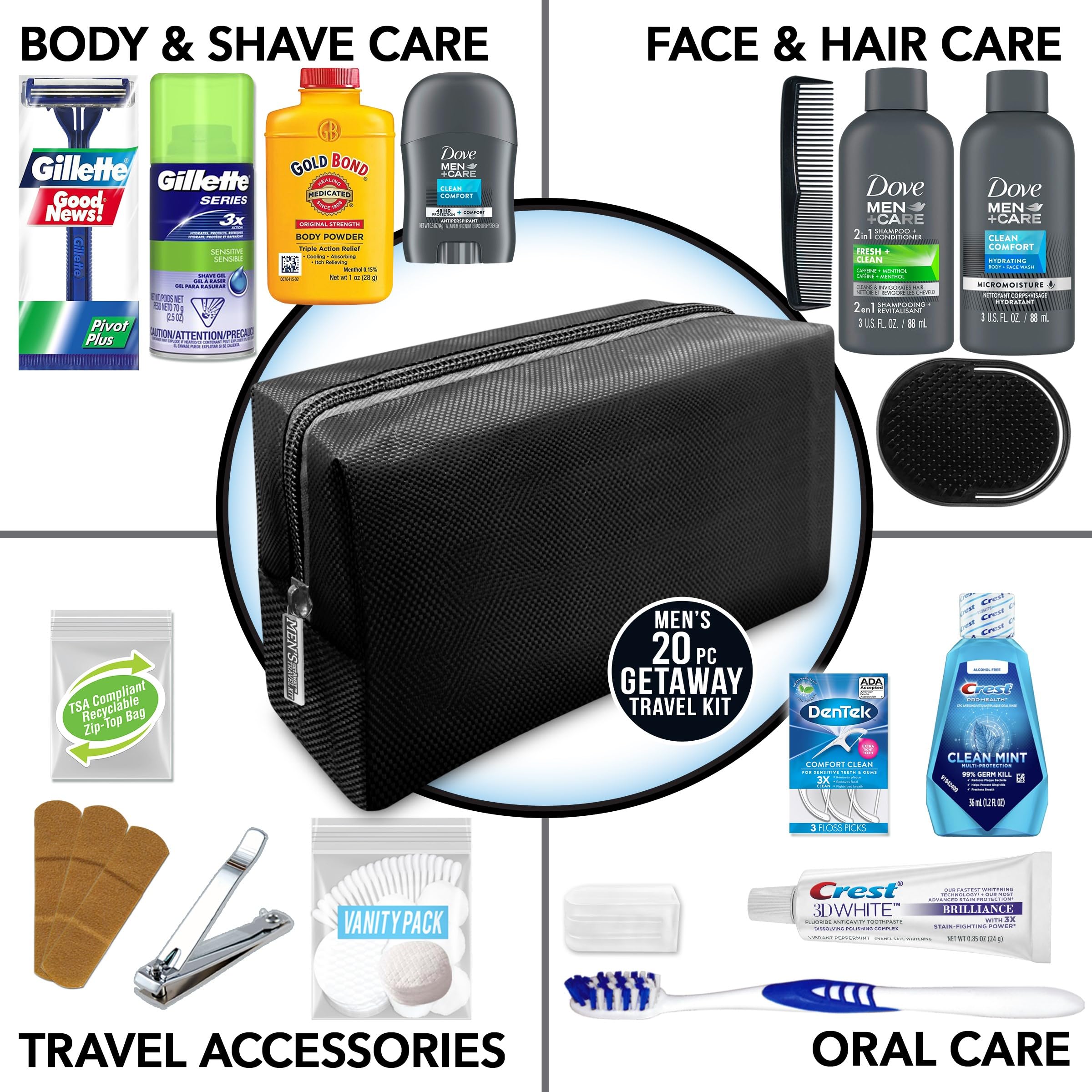 Dove Men & Care essentials in a black Dopp bag, ready for travel and on-the-go grooming.