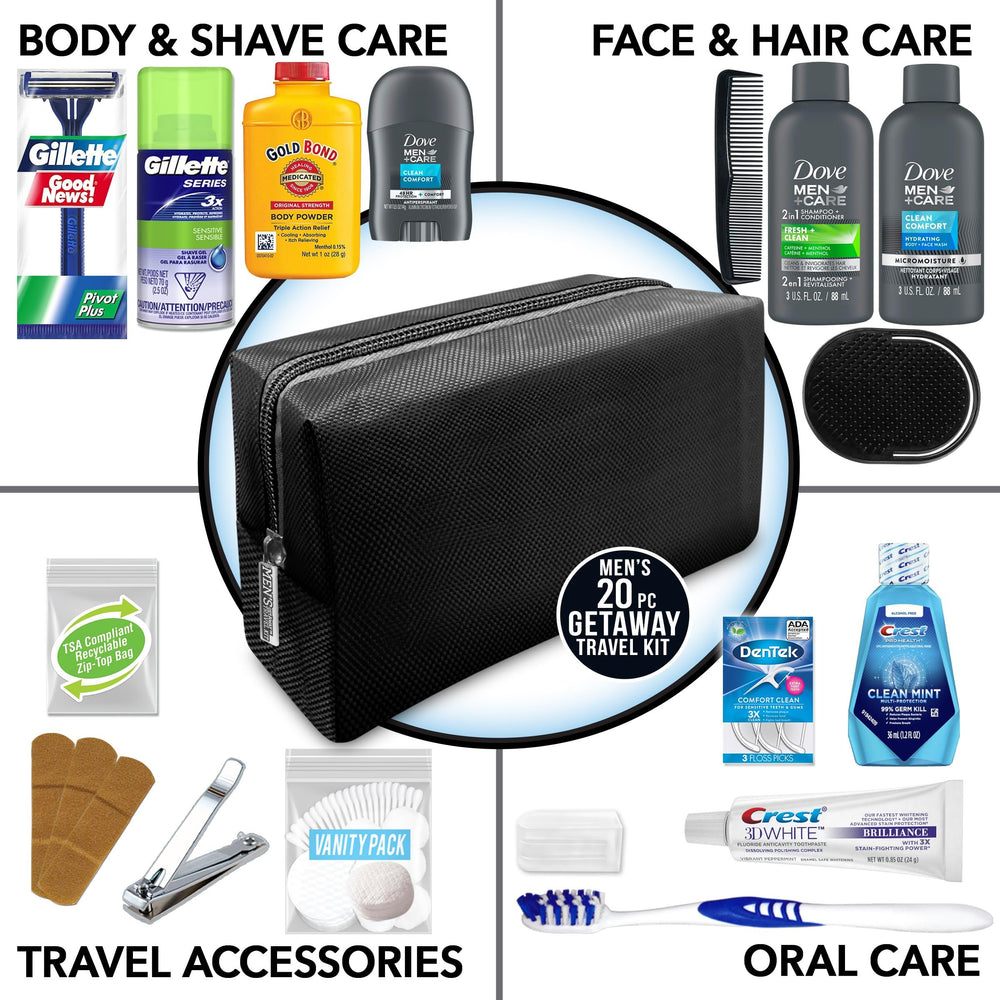 Dove Men & Care essentials in a black Dopp bag, ready for travel and on-the-go grooming.