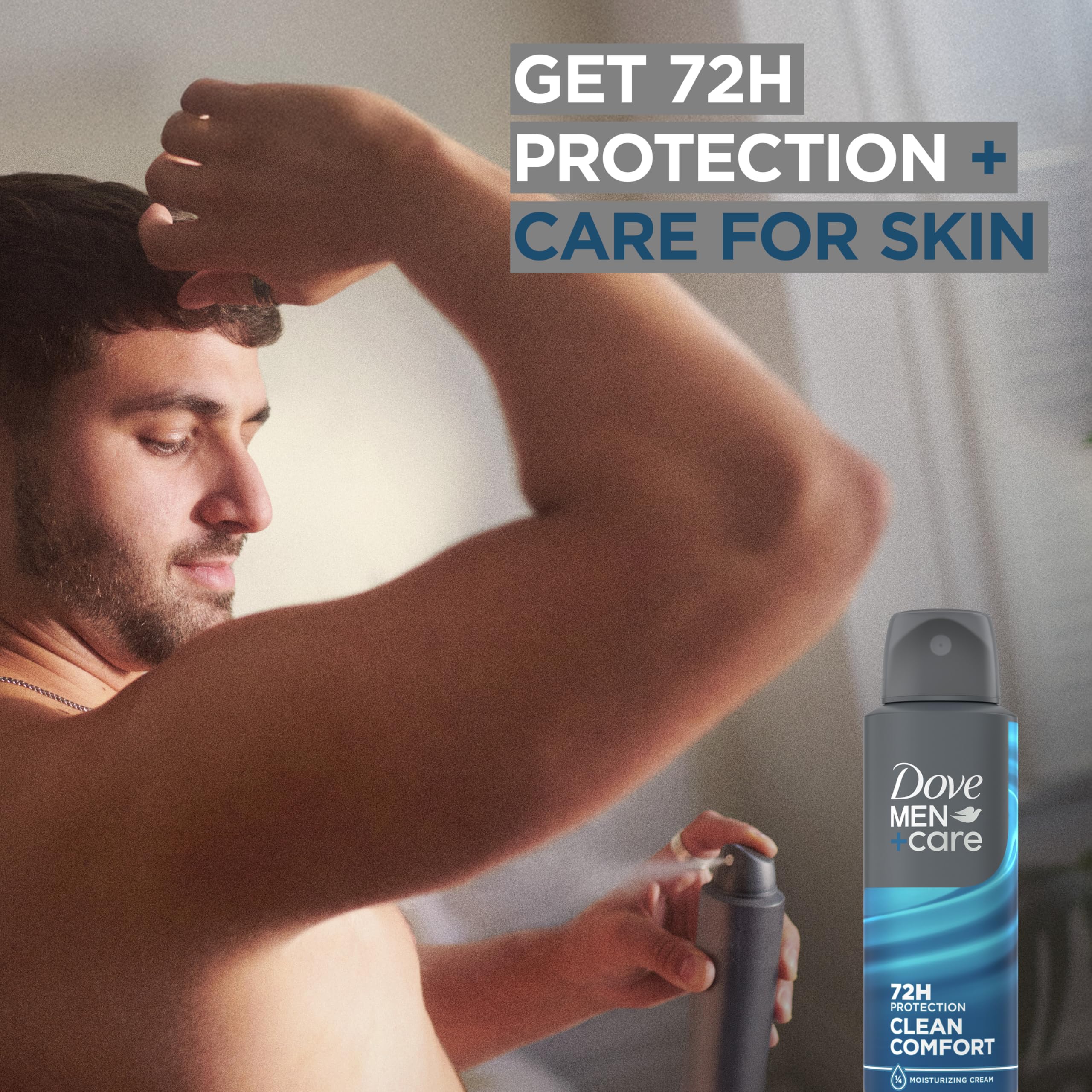 Dove Men+Care Instant dry application graphic demonstrates fast-dry spray feel