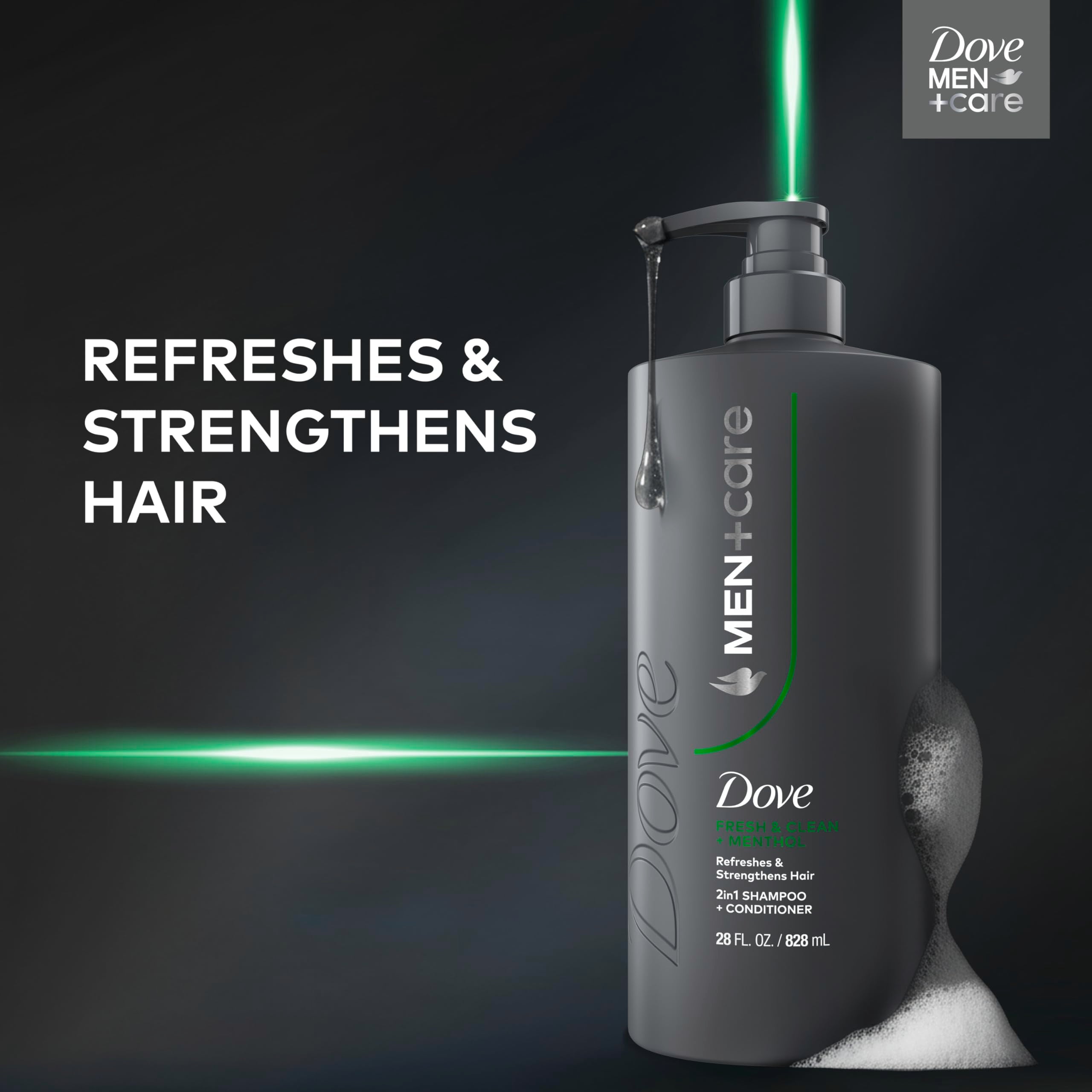 Dove Men+Care menthol close-up conveys refreshing scalp sensation.