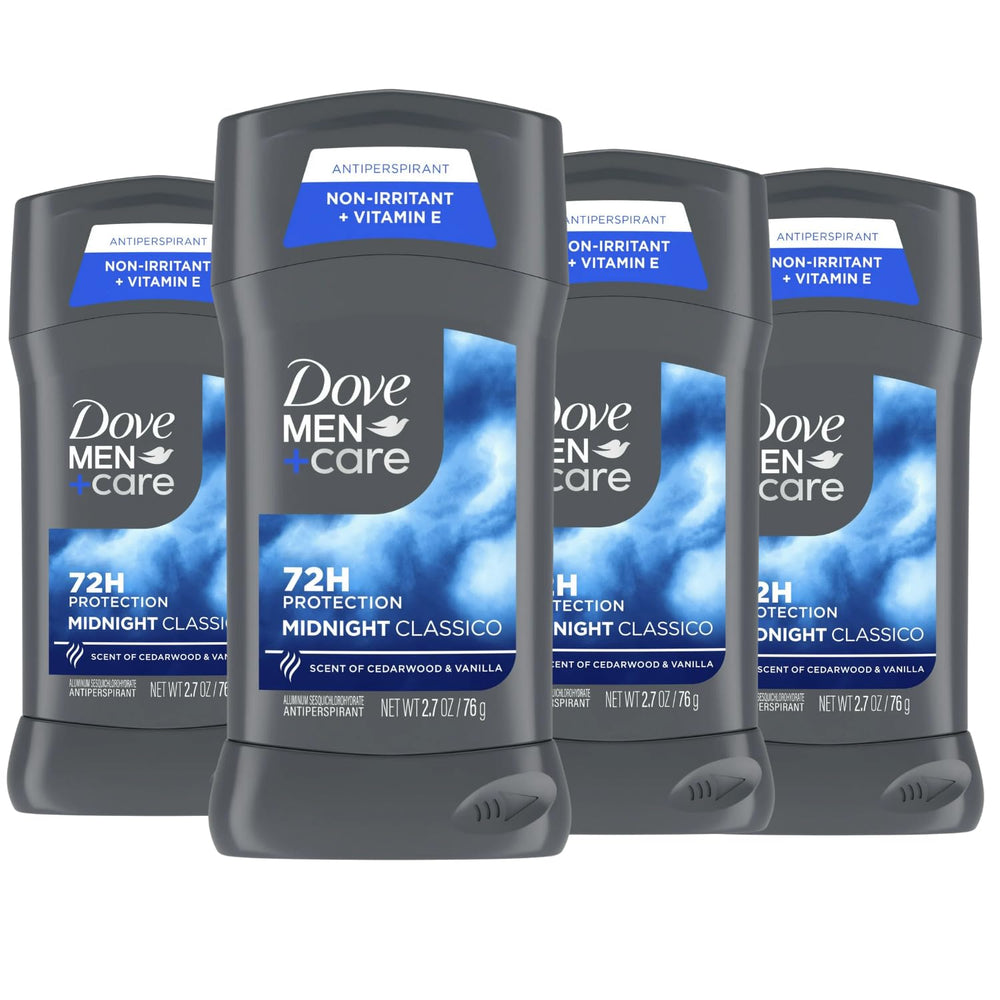 Dove Men+Care Midnight Classico 4-pack box display for daily use with protection claims.