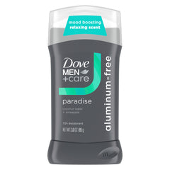 Dove Men+Care Paradise deodorant stick front packaging shows 72-hour odor protection.