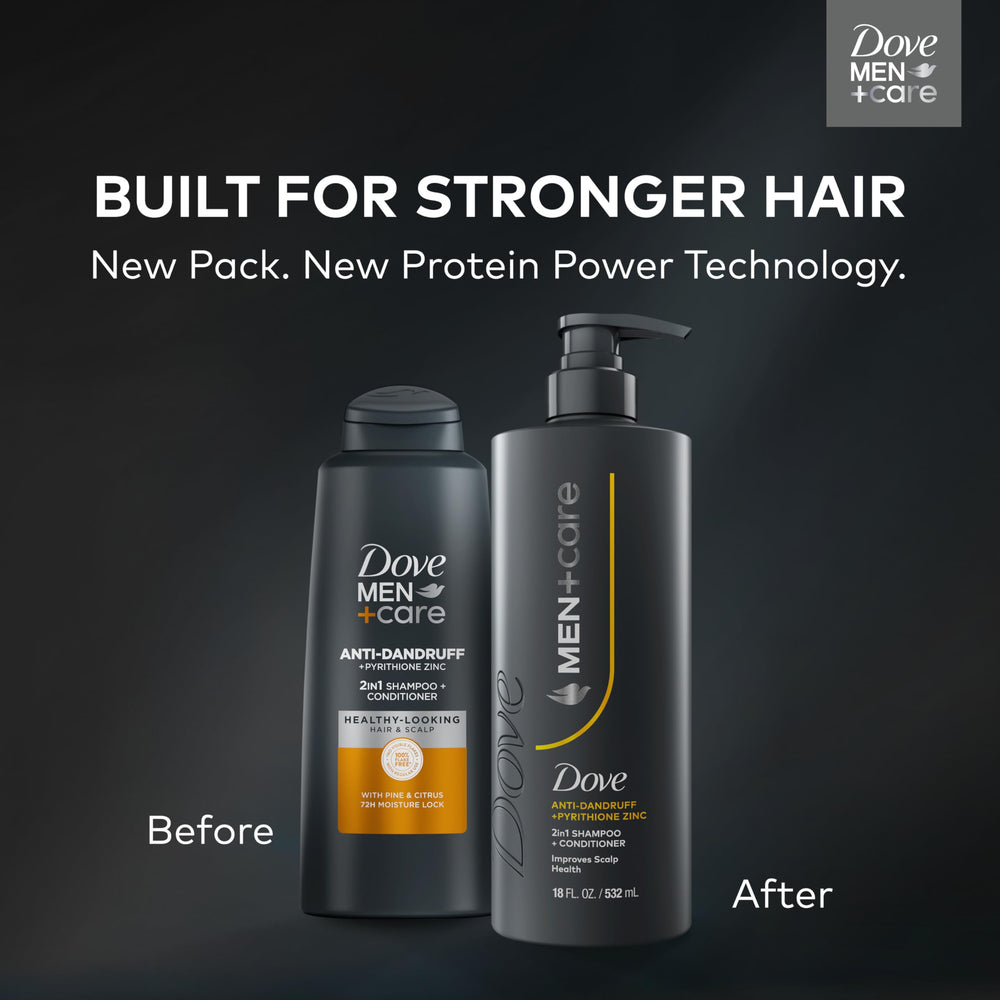 DOVE MEN+CARE protein power close-up emphasizes hair-strengthening technology.