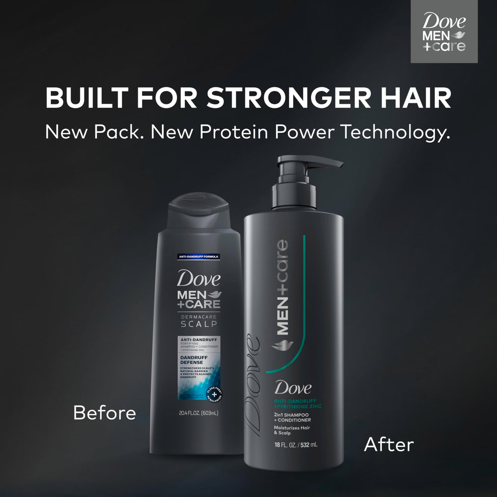 Dove Men+Care Pyrithione Zinc formula label highlights dandruff defense benefits.