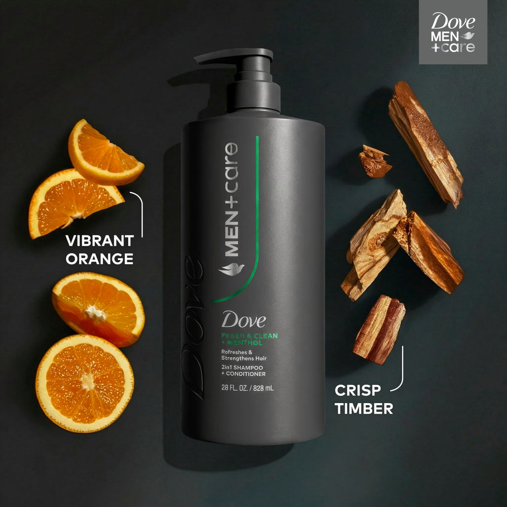 Dove Men+Care strengthens formula graphic shows root-to-tip support.
